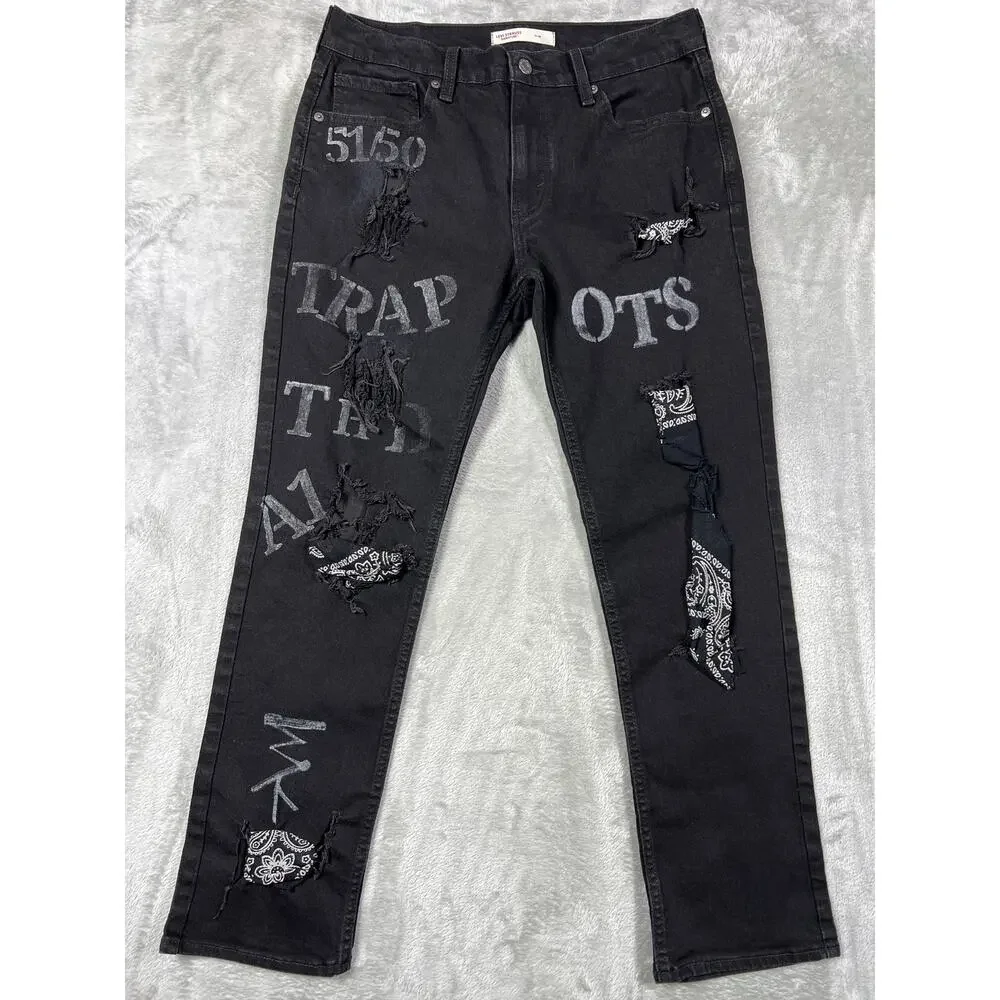 Levi 32x30 Distressed Black Jeans Custom Trap Hip Hop Punk Grunge Reworked Denim